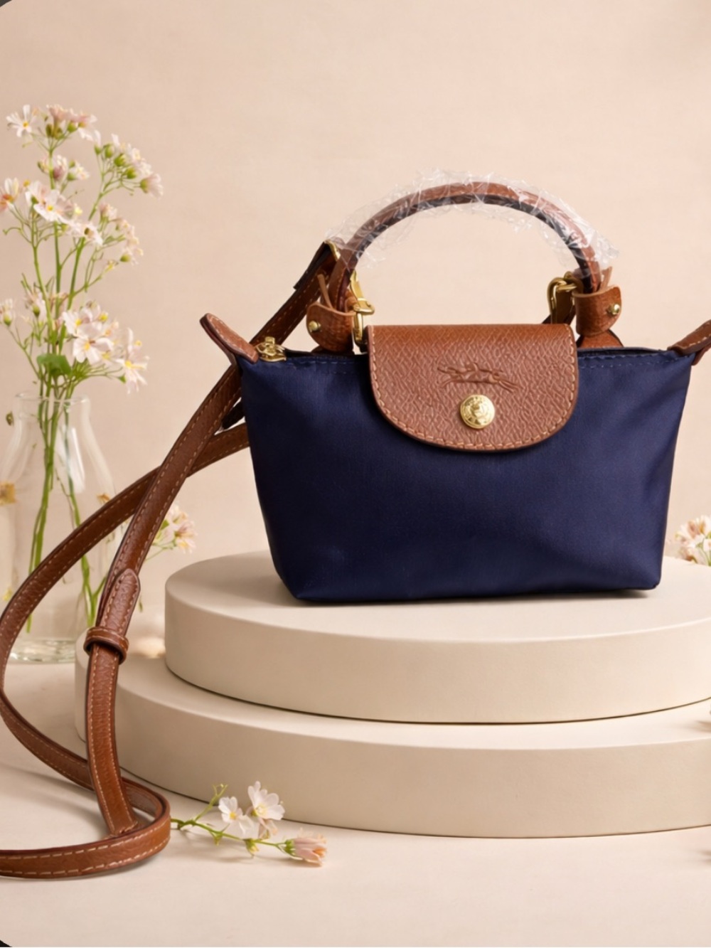 NWOT Longchamp Le Pliage Mini Top-Handle Crossbody Black/Brown/Gold Hardware